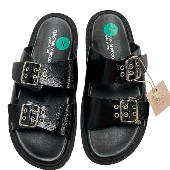 Christian Di Riccio Sandal Womens 8 Black Leather Adjustable Double Buckle Slide - Picture 5 of 8